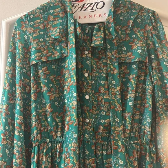 Haokeke Green Floral Long Sleeve Chiffon Pleated Midi Dress - M - Picture 11 of 16